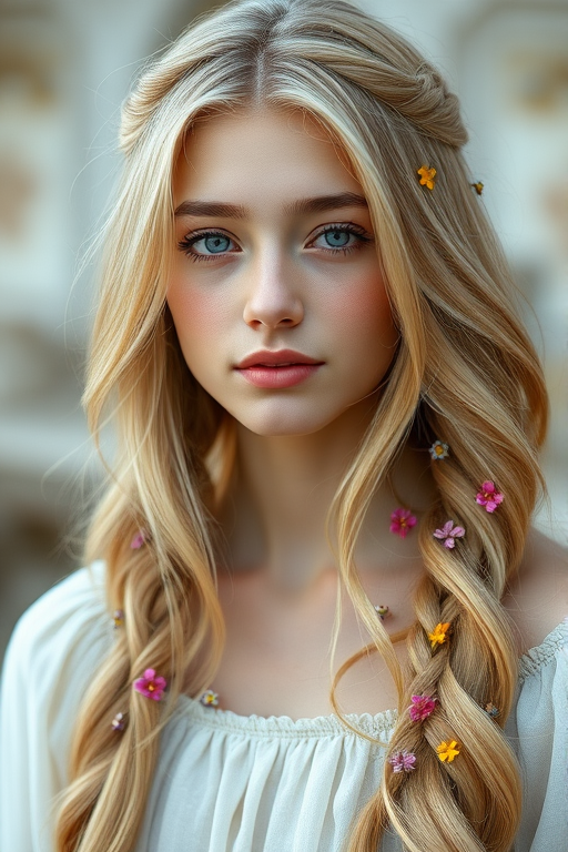 Create an image of a young Persian woman with long, wavy blonde hair, adorned with small, colorful flowers woven into her braids and loose strands. Her complexion is fair, with soft, glowing skin, and she has light blue eyes that gaze softly at the viewer. She wears a light, flowing dress with a gentle, ethereal quality, complementing her delicate and serene appearance. The background is slightly blurred, drawing focus to her tranquil expression and the intricate details of the flowers in her hair. The overall mood of the image is one of natural beauty and grace, evoking a sense of peacefulness and connection with nature.