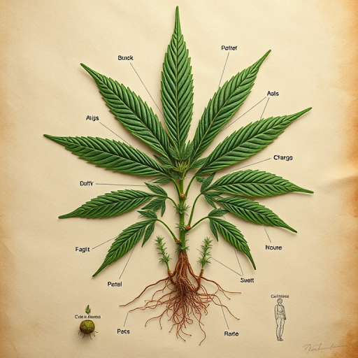 Create a detailed botanical illustration of a cannabis plant with labeled parts, using a high-resolution DSLR camera with a 50mm lens, f/2.8 aperture, ISO 100, and soft natural lighting, from a top-down view, capturing the texture of the leaves and roots against a vintage parchment background.