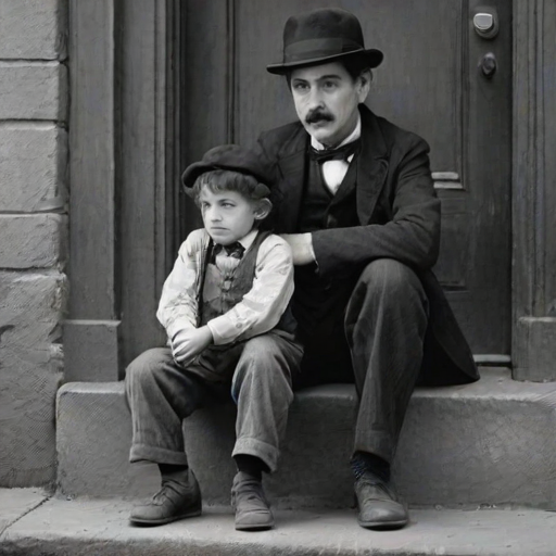 A black-and-white photograph of a man and a child sitting on steps in front of a doorway. The man is dressed as a tramp with a bowler hat, mustache, and ragged clothes, reminiscent of Charlie Chaplin's iconic look. He is sitting with his arms crossed and an expression of slight sadness or frustration. Next to him is a young boy, also in worn clothes and a cap, sitting with his hands clasped, looking thoughtful. The background is an old, textured wall and a partially open door, creating a vintage, early 20th-century atmosphere.