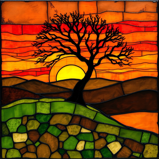 A vibrant abstract painting on Tiffany Glass, blending acrylic and alcohol ink techniques, captures a dramatic sunset over rolling hills. The artwork features a textured, rocky foreground in green and brown, layered abstract hills, and a striking sunset in rich oranges, yellows, and reds. A solitary black tree with intricate branches contrasts against the fiery sky, creating a dynamic and expressive portrayal of a breathtaking natural scene.