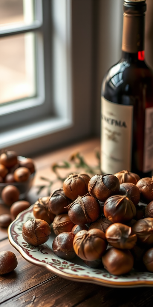 Capture a still life composition of roasted chestnuts in a decorative plate alongside a bottle of red wine, with soft natural light coming through a window, using a Canon EOS 5D Mark IV, 50mm f/1.8 lens, aperture f/2.8, ISO 100, and a shallow depth of field to create a warm, inviting atmosphere.