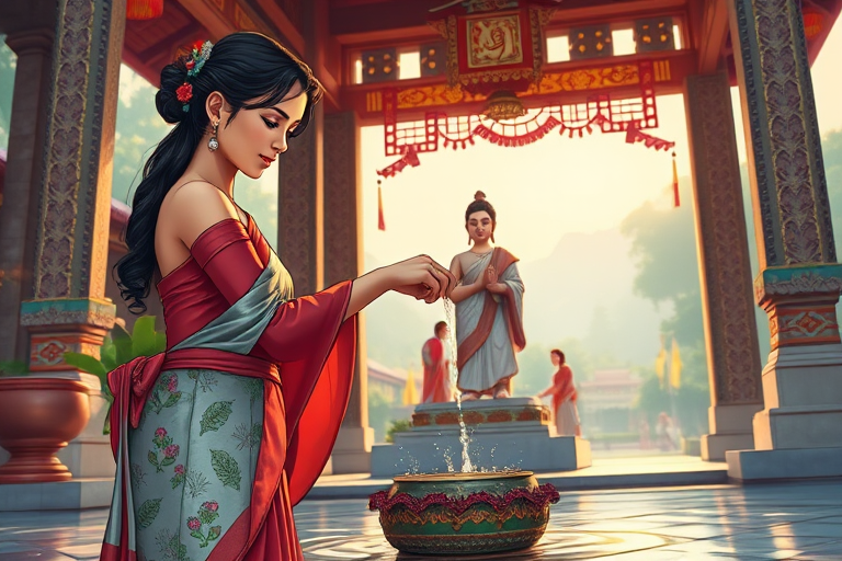 A beautifully detailed illustration of a woman in traditional attire pouring water over a statue in a serene temple setting, captured with a DSLR camera at f/2.8, 1/125 sec, ISO 100, with a wide-angle lens to enhance the vibrant colors and intricate details in soft evening light.
