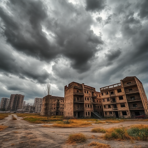desolate urban landscape with ruined buildings under a stormy sky, HDR imaging, wide-angle lens, f/11 aperture, ISO 100, 24mm focal length, shot with a DSLR camera