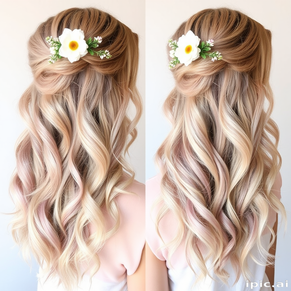 Romantic watercolor balayage blending soft pastels reminiscent of Monet's paintings, styled in loose romantic curls with floral hair accessories