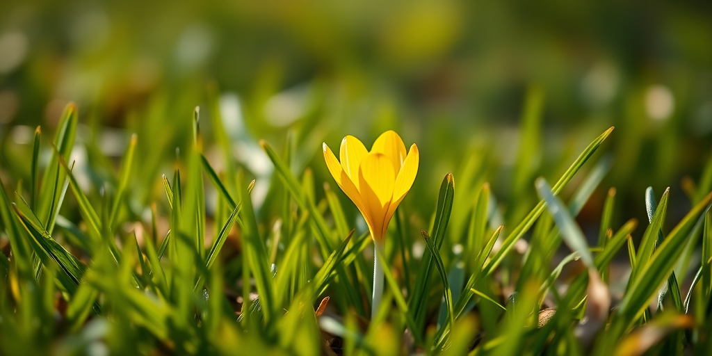 Capture a close-up shot of a yellow crocus flower amidst green grass in soft natural light, using a DSLR camera with a 50mm f/1.8 lens, aperture set to f/2.8, shutter speed of 1/200 sec, ISO 100, with a shallow depth of field to enhance background blur.