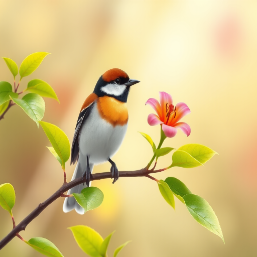 Create a high-resolution illustration of a stylized bird perched on a branch with vibrant green leaves and a colorful flower in a soft, blurred background using a DSLR camera with a 50mm lens at f/2.8, ISO 100, and a shallow depth of field for enhanced image quality.