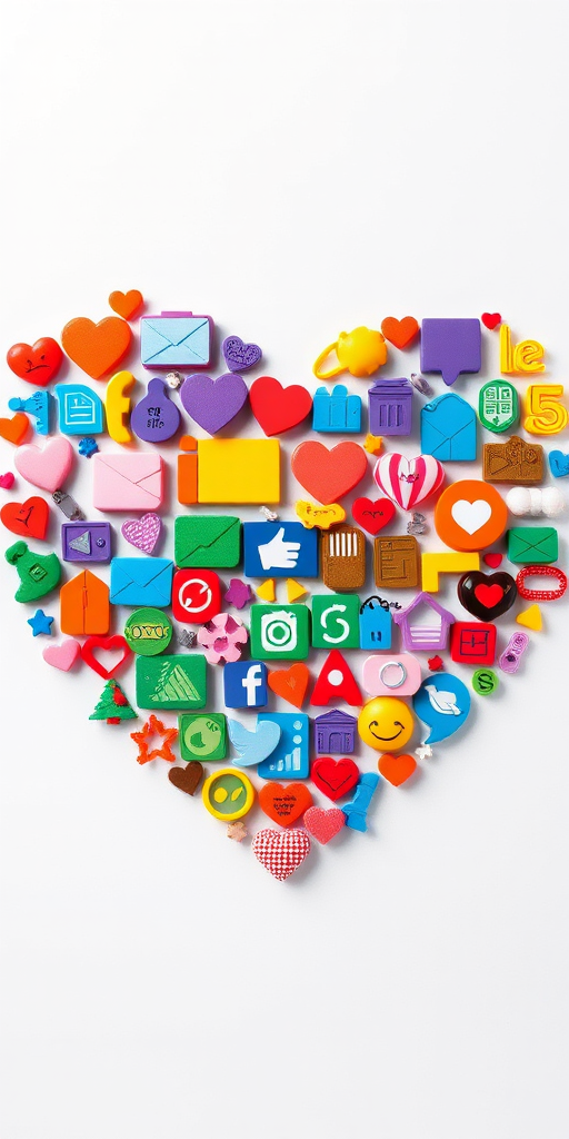 Generate a vibrant heart shape collage made of diverse colorful icons, high resolution, shot with a Canon EOS R5, 50mm lens, f/1.8 aperture, ISO 100, top-down view, using bright, contrasting colors for enhanced visual appeal.