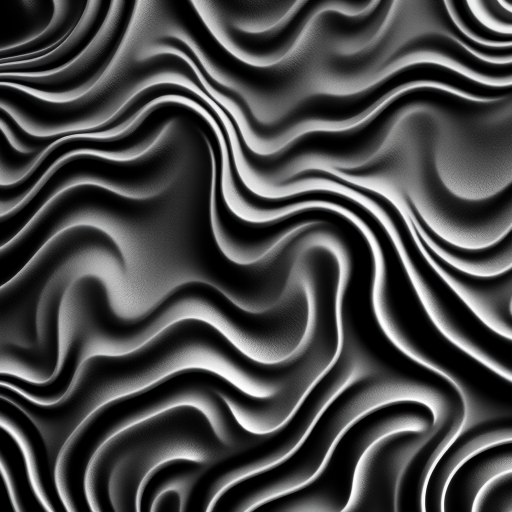Create an abstract black and white wavy pattern resembling contours or topography, with high contrast and smooth gradients, using a professional DSLR camera, 50mm lens, f/2.8 aperture, ISO 100, natural lighting, capturing an overhead view for clarity and detail.