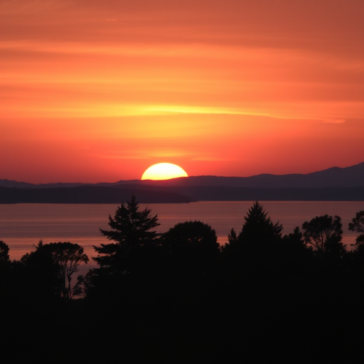 A vibrant sunset over a tranquil lake with silhouettes of trees in the foreground, captured with a DSLR camera, 50mm lens, f/1.8 aperture, ISO 100, and a low angle view to emphasize reflections on the water.