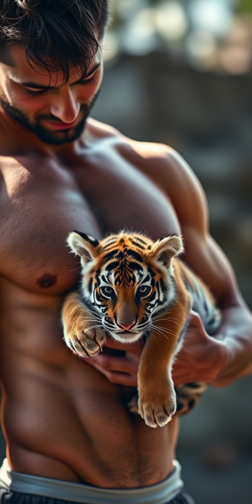 Capture a high-resolution image of a muscular male figure holding a small tiger cub, with a focus on the interplay of light and shadow on the skin, shot in natural daylight using a DSLR camera, 50mm lens, f/1.8 aperture, ISO 100, and a shallow depth of field for a soft background.