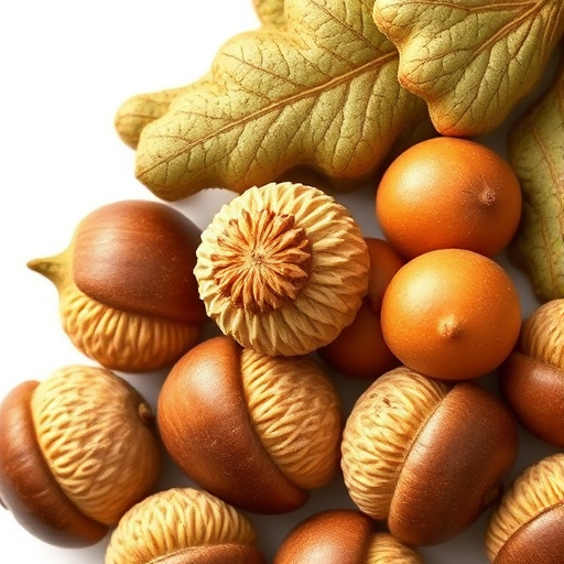 Generate a high-resolution illustration of a variety of acorns, showcasing different textures and colors, with soft natural lighting, macro lens settings, 50mm focal length, f/2.8 aperture, and a shallow depth of field for enhanced detail and clarity.