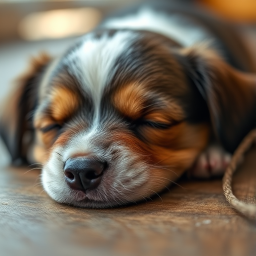 A close-up photograph of a sleeping small dog with soft fur resting on a wooden surface, captured in natural light, using a DSLR camera with a 50mm lens, aperture set to f/1.8 for shallow depth of field, ISO 200, and a shutter speed of 1/100 sec to enhance image clarity and detail.