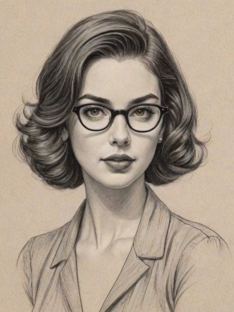 Fetching Adelaide Kane, pencil sketch, portrait of Elegant woman 1938s in glasses, hair style beatnik, outline, clear lines, fine lines, 8k