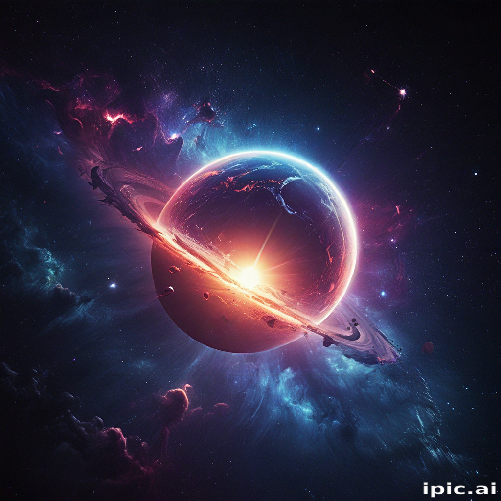 Vivid Cosmic Landscape Featuring a Glowing Planet Surrounded by Stars