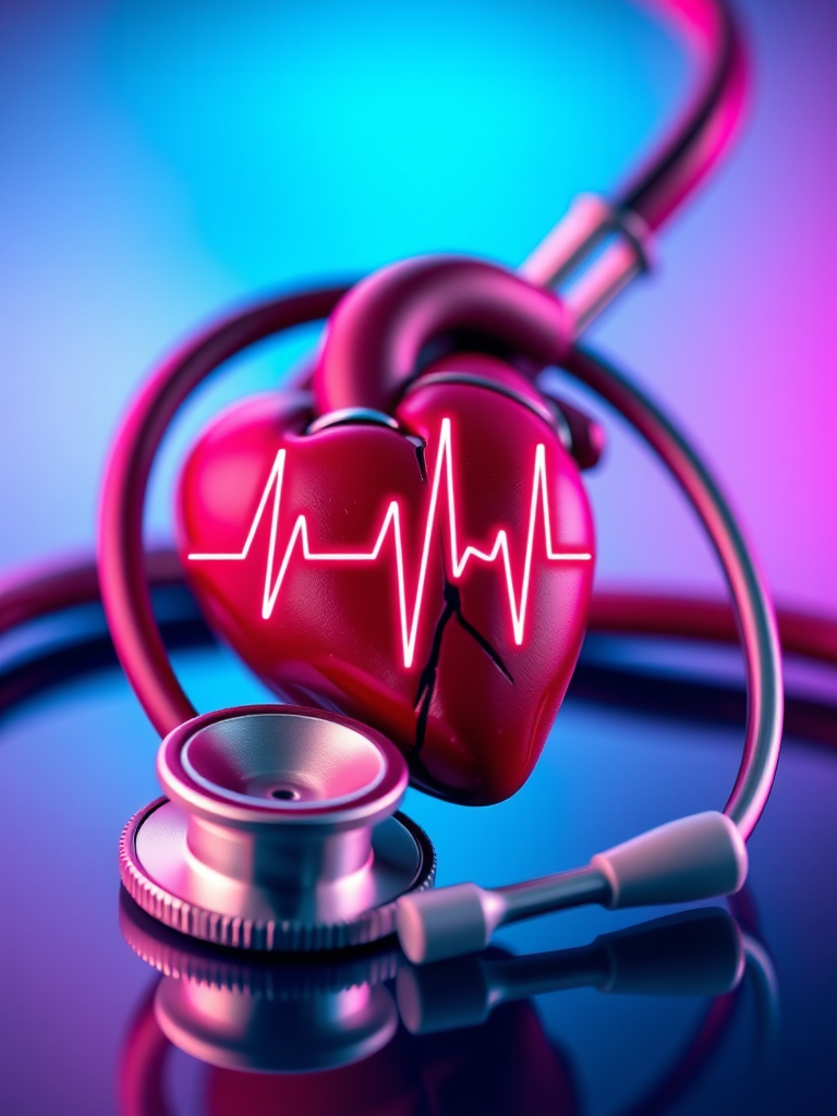 create an image of a stethoscope intertwined with a heart, featuring a heartbeat line overlay, using a Canon EOS R5 with a 50mm f/1.2 lens, aperture f/2.8, ISO 100, 1/125 shutter speed, in a macro style with a vivid color gradient background.