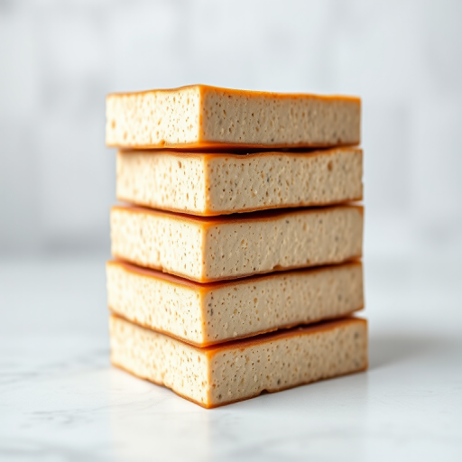 Create an image of a stack of tempeh blocks arranged neatly on a white surface, using a Canon EOS R5 camera with a 50mm f/1.2 lens, ISO 100, aperture f/2.8, shutter speed 1/125 sec, natural lighting for a soft look and shallow depth of field.
