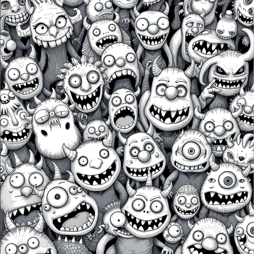 Create a highly detailed black and white illustration of a crowd of whimsical monsters with expressive faces and varied shapes, shot with a Canon EOS R5 at f/8, ISO 100, 50mm lens, top-down view, in illustration style for enhanced line clarity and detail.