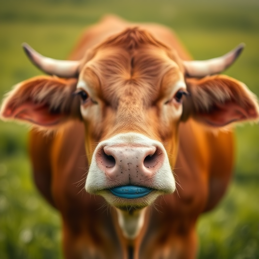 A close-up of a brown cow with a blue nose ring in a lush green field, soft natural light, aperture f/2.8, ISO 200, shutter speed 1/200 sec, shot with a DSLR camera, shallow depth of field to blur the background.