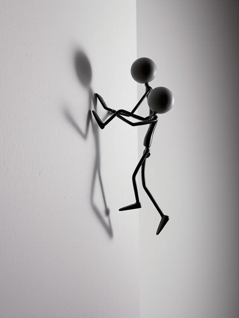 two stylized humanoid figures climbing a wall, one figure on top of the other, soft lighting, high resolution, 50mm lens, f/8 aperture, portrait mode, DSLR camera, studio background