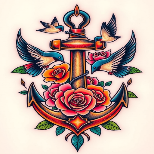 Colorful neo-traditional tattoo named "Sailor's Fortune" featuring a bold anchor entwined with vibrant roses, swallows, and nautical elements, incorporating thick outlines and saturated hues
