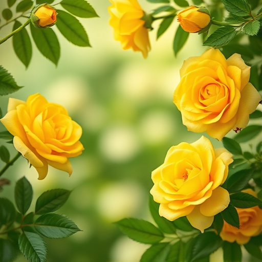 Create a vibrant floral frame featuring bright yellow roses and lush green leaves, with a soft focus background for depth, shot with a DSLR camera at f/2.8, ISO 100, 50mm lens, in natural light.