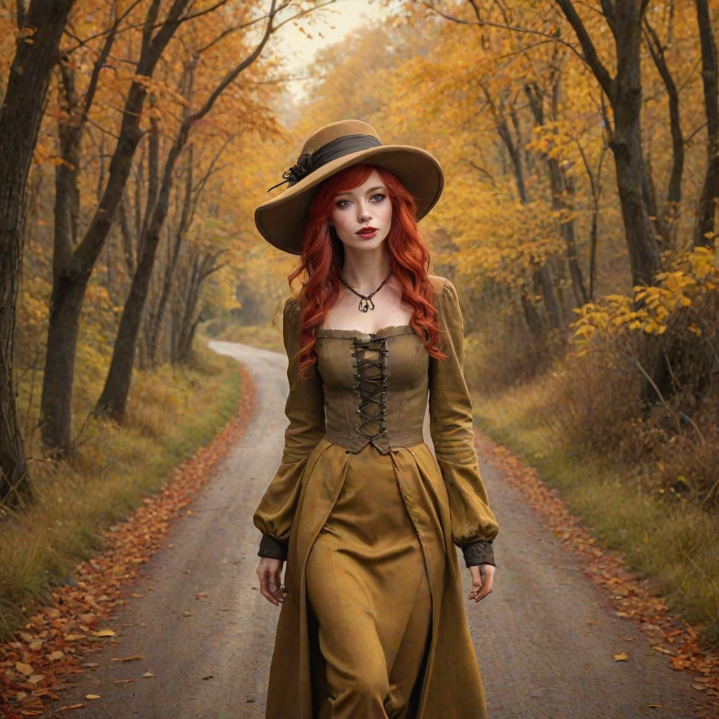 digital art fantasy depicting a strange girl with red hair, long eyelashes, Yellow lipstick and a tall hat walking along a winding road on an autumn afternoon, an Bongo smiles as she passes