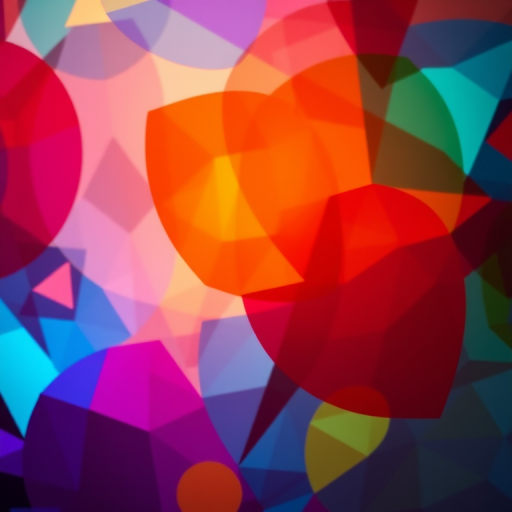 vibrant abstract background with colorful overlapping shapes, high saturation, soft focus, 50mm lens, f/1.8 aperture, ISO 100, taken with a DSLR camera, top-down view to capture depth and layering