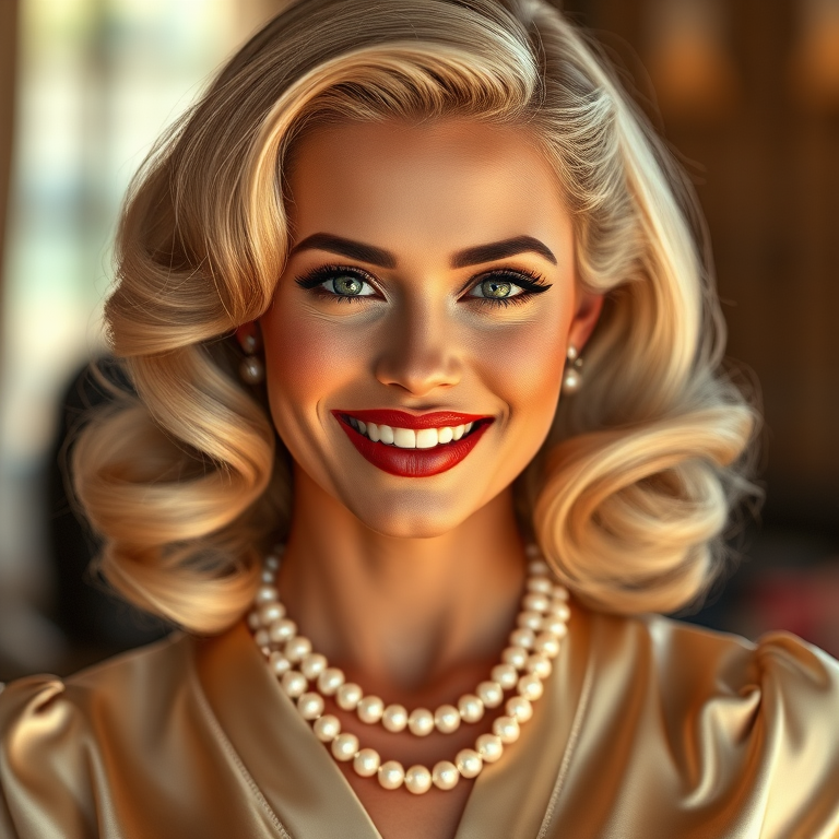 A beautiful Zulu woman reminiscent of 1950s Hollywood glamour, with perfectly styled blonde hair and a seductive smile, dressed in a satin blouse and adorned with pearls, soft and warm tones, photorealistic, 8K
