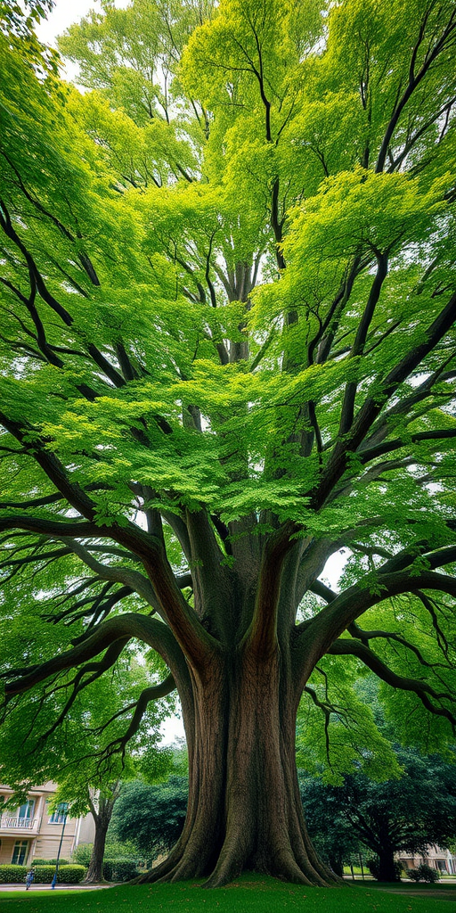Generate a detailed and vibrant illustration of a large green tree with a sturdy brown trunk, using a DSLR camera with a 50mm lens, f/4 aperture, ISO 200, and a depth of field effect, capturing the image from a low angle to emphasize the tree's height and lush foliage.