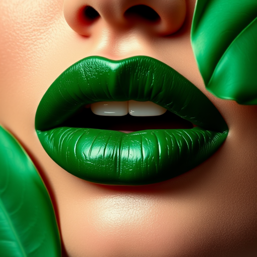 Opulent emerald green lips with a satin sheen, regal and luxurious, inspired by precious gemstones and tropical flora