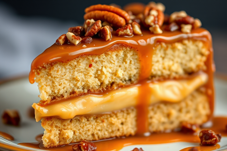 A slice of layered cake with creamy caramel filling and chopped pecans on top, showcasing its moist texture and rich caramel glaze.
