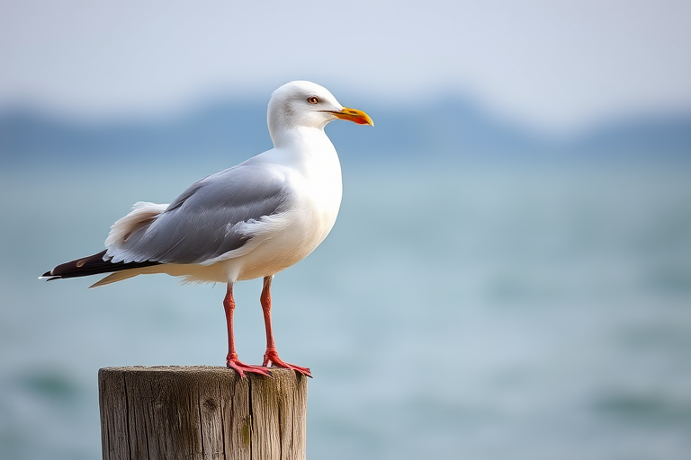 high-resolution image of a seagull perched on a wooden post with a blurred background, f/2.8 aperture, 1/200 sec shutter speed, ISO 100, 85mm lens, portrait orientation, DSLR camera