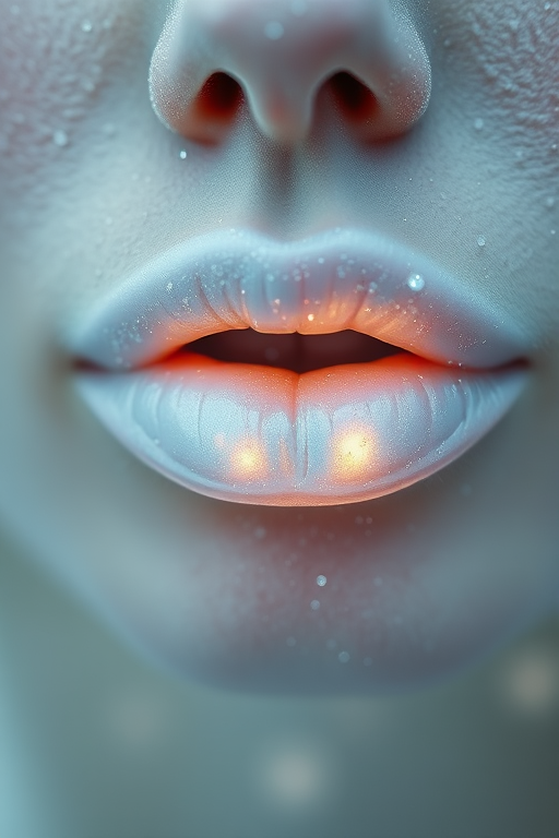 Ethereal pearlescent white lips with opalescent shimmer, otherworldly and captivating, evoking the essence of winter's frosty beauty