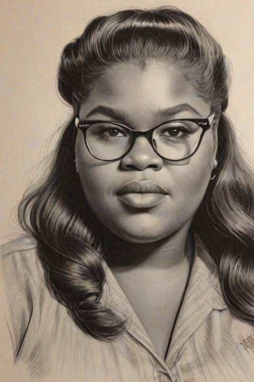 Pleasing Gabourey Sidibe, pencil sketch, portrait of Splendid woman 1942s in glasses, hair style beatnik, outline, clear lines, fine lines, 8k