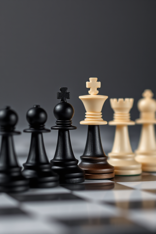 Create a high-resolution image of black and white chess pieces arranged in a line, using a Canon EOS R5 with a 50mm lens at f/1.8, ISO 100, and a shallow depth of field to enhance the contrast and clarity, with a soft gray background to emphasize the shapes.