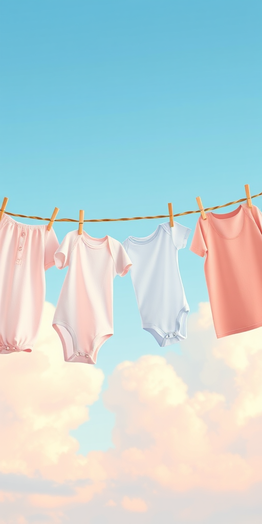Illustration of baby clothes hung on a clothesline with pastel-colored clouds in a soft blue background, captured with a Canon EOS R5, 50mm lens, f/2.8 aperture, ISO 100, soft daylight.