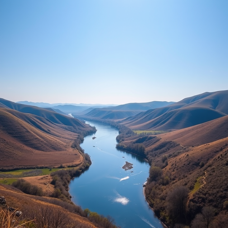 Generate an image of a serene landscape featuring rolling hills and a tranquil river under a clear blue sky, captured with a Canon EOS R5 at f/8, ISO 100, 1/250 sec, using a wide-angle lens for an expansive view and vibrant colors.