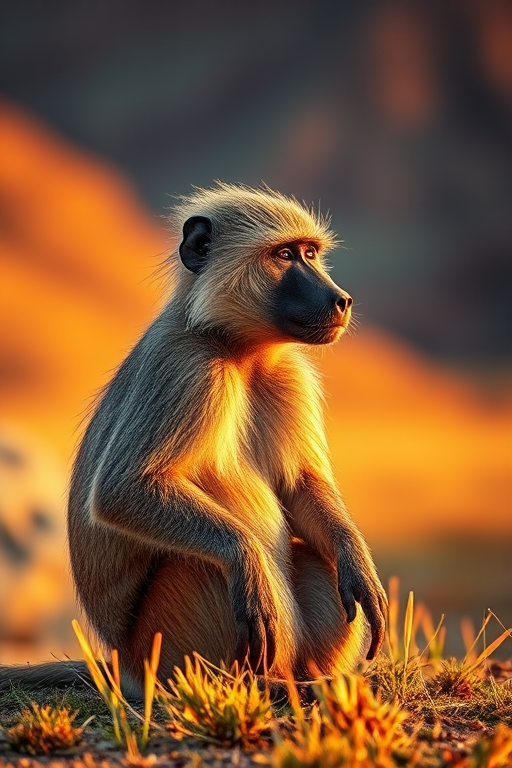 A close-up shot of a baboon sitting on a grassy landscape during golden hour, taken with a Canon EOS R5, 85mm lens, aperture f/1.8, ISO 200, 1/200s, capturing fine details in fur and vibrant colors in the background.