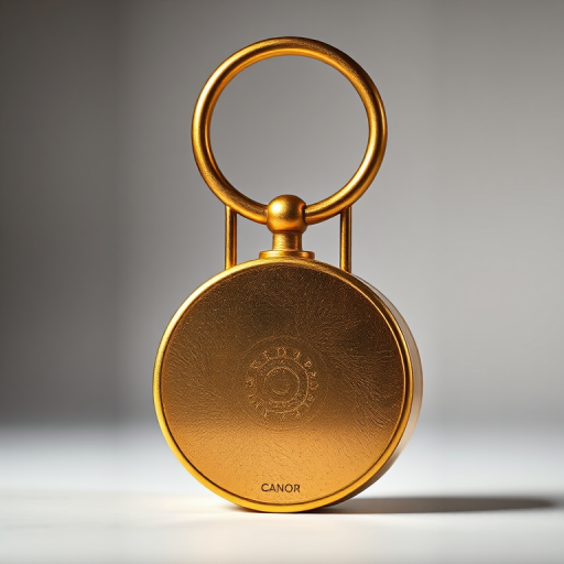 Create a high-resolution image of a gold weight with a circular handle on top, shot in a well-lit studio environment using a Canon EOS R5 camera, 50mm lens, f/2.8 aperture, ISO 100, and a softbox for even lighting.