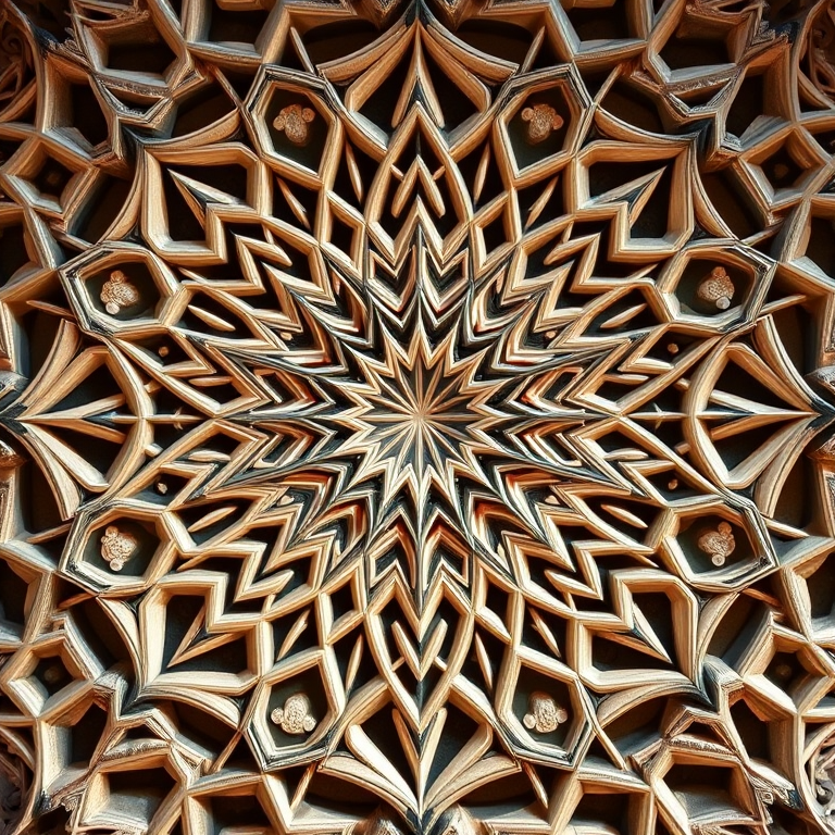 A high-resolution image of an intricate geometric pattern, shot with a Canon EOS R5, 50mm lens, f/2.8 aperture, ISO 100, positioned at eye level with a centered composition and natural lighting.