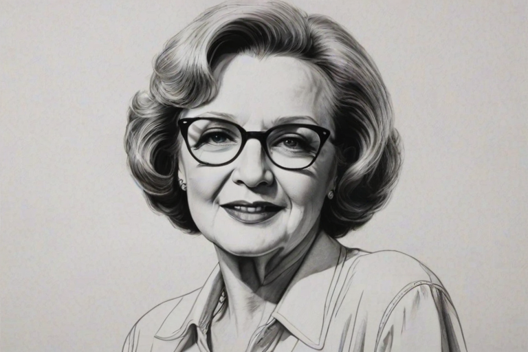 Comely Betty White, pencil sketch, portrait of Enchanting woman 1978s in glasses, hair style beatnik, outline, clear lines, fine lines, 8k