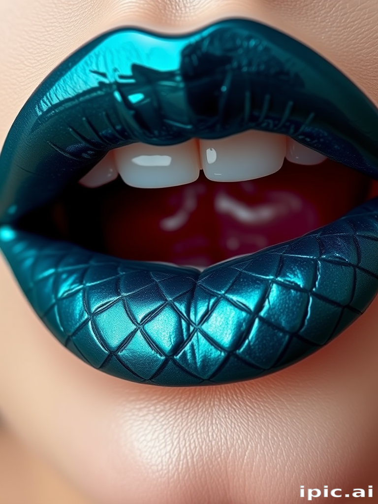 Deep teal lips with "Mermaid's Tail" style, featuring a glossy finish and iridescent scales-like pattern, creating a mesmerizing and mythical appearance