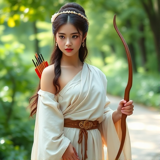 Create a portrait of a goddess-like Japanese girl figure in a tranquil, forested environment. She has an elegant appearance with long, wavy hair styled in an updo and adorned with a delicate, floral headband. She wears a flowing, ancient Greek-inspired gown in a soft, pale color, featuring a one-shoulder design and draped fabric that accentuates her graceful form. The outfit includes a decorative belt with ornate gold detailing, and she holds a bow in her hand, with a quiver of arrows slung over her shoulder. The background depicts lush greenery, with sunlight filtering through the trees, casting a gentle, ethereal light on the scene. Her expression is calm and contemplative, embodying a sense of wisdom and serenity.