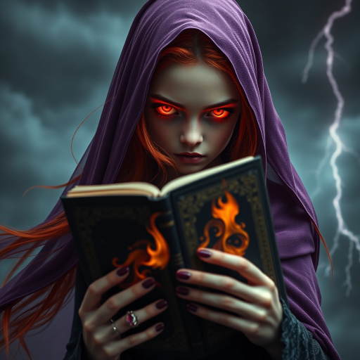 Create an image of a mysterious girl with long red hair and glowing red eyes, wearing a flowing purple veil, holding a dark book with swirling flames, set against a stormy background with lightning, shot from a close-up angle using a Canon EOS R6 camera, aperture f/1.8, shutter speed 1/200s, ISO 200, and in portrait mode for enhanced detail and depth.