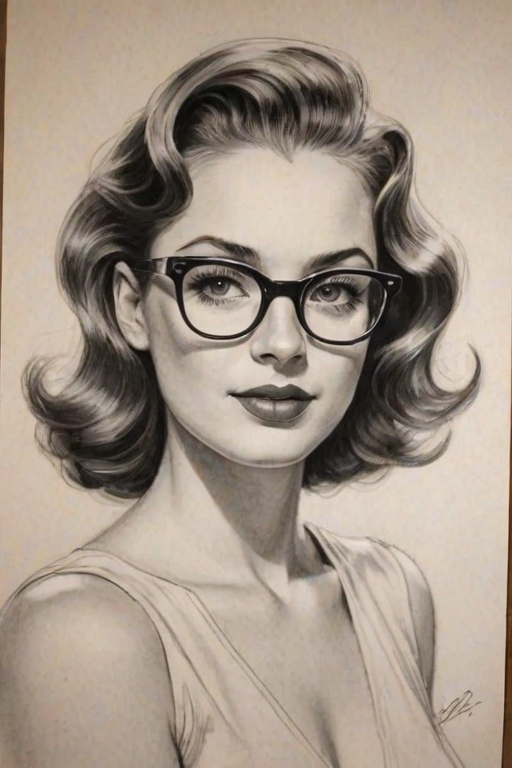 Gorgeous Ashley Marie, pencil sketch, portrait of Sublime woman 1941s in glasses, hair style beatnik, outline, clear lines, fine lines, 8k