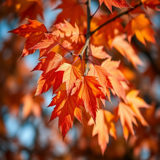 Close-up shot of vibrant autumn leaves on a tree branch, shallow depth of field, f/2.8 aperture, ISO 200, 50mm lens, natural light, DSLR camera, capturing warm tones and textures.