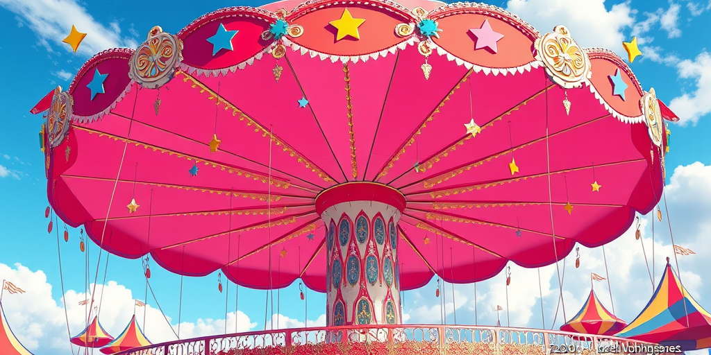Create a vibrant digital illustration of a whimsical carnival ride with a large red and pink umbrella design, surrounded by colorful stars and fluffy blue clouds, using a high-resolution digital camera set to f/8, ISO 100, and a shutter speed of 1/250s for clarity, capturing the scene from a slightly low angle to enhance depth and perspective.