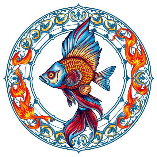 regenerate a vibrant fish illustration, intricate circular design with flame elements, 50mm lens, f/2.8 aperture, ISO 100, natural light, top-down perspective, digital art style, high resolution