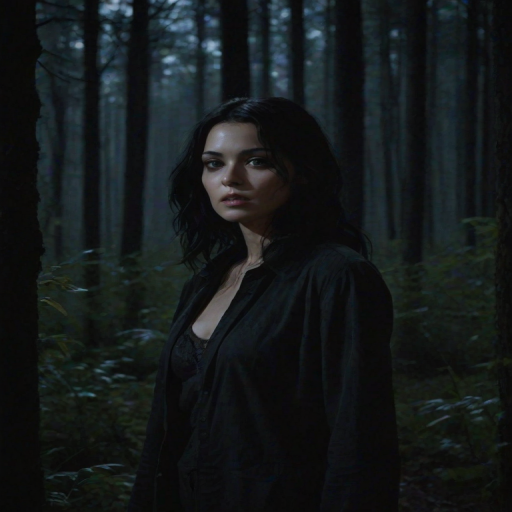 realistic image of a black haired woman, she is in a dark forest at night
