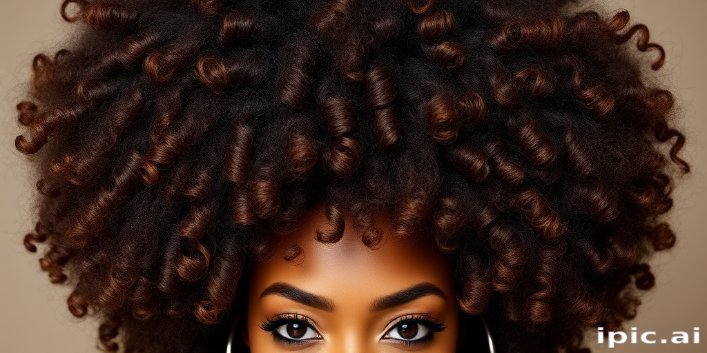 Luxurious chocolate brown curls with caramel highlights styled in a voluminous afro, showcasing natural texture called "Cocoa Crown" embracing heritage and beauty